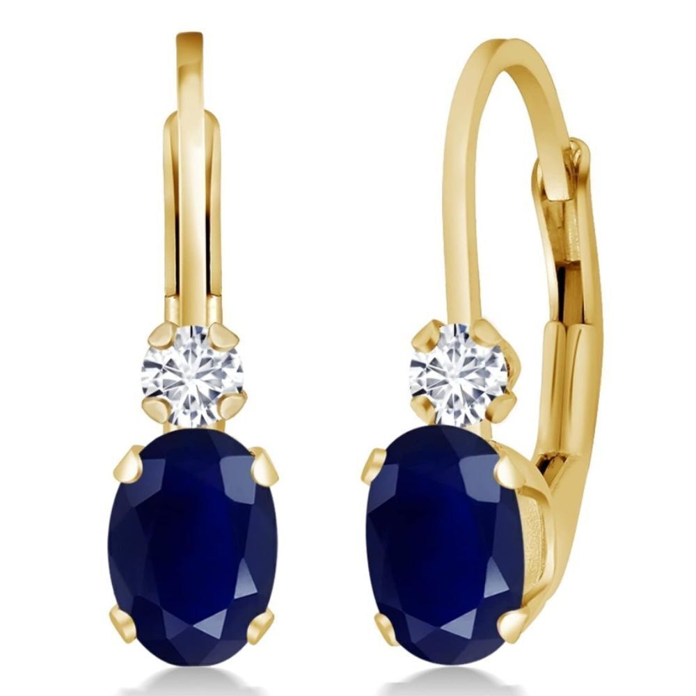 14K Yellow Gold with 1.17 Cttw Blue Sapphire and Diamond Leverback Drop Earrings